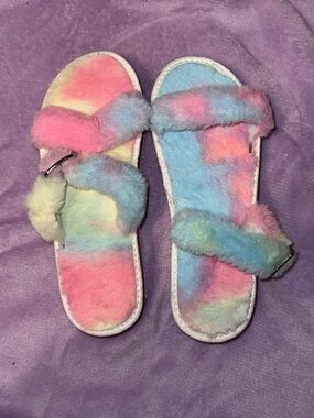 Plush Tie-Dye Slide Sandals - Pastel Multicolor
